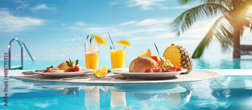 Luxury tropical resort offers floating breakfast in calm pool water and tropical couple beach luxury lifestyle Copy space image Place for adding text or design