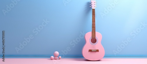 Pink background featuring a music note next to an acoustic classic guitar Copy space with a blue cartoon guitar 3D rendered image Copy space image Place for adding text or design photo