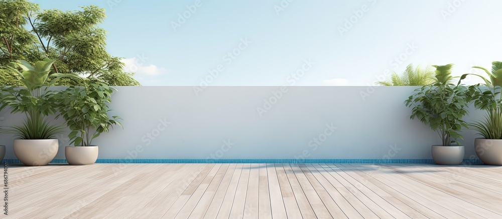 Minimalistic swimming pool terrace with open wall surrounded by nature Copy space image Place for adding text or design