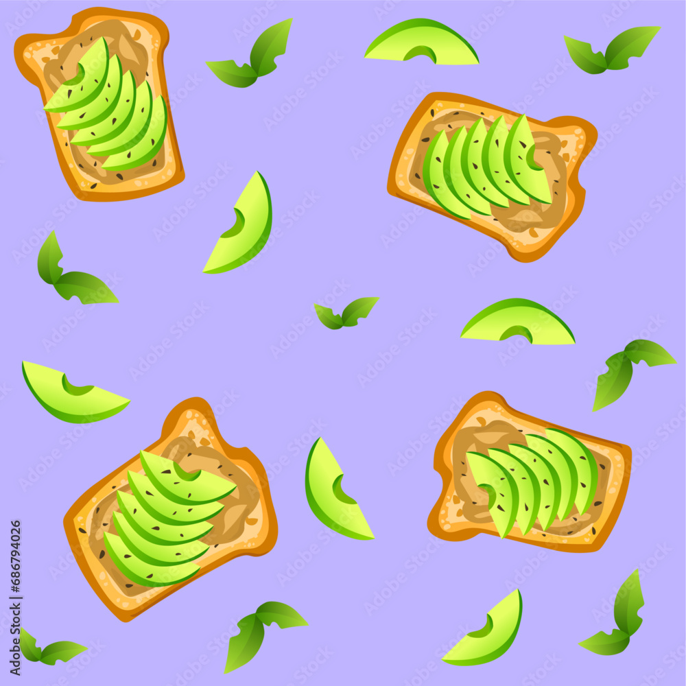 seamless pattern with vegetables, sandwich, avocado toast 