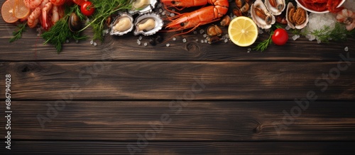 Luxurious seafood plate with fresh shrimps oysters mussels langoustines octopus lemon herbs on wooden boards Copy space image Place for adding text or design photo