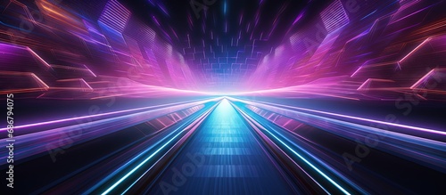 Retro themed 3D illustration of a futuristic car driving in abstract neon space Copy space image Place for adding text or design