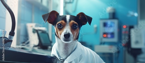 Pet check up at the veterinary clinic with a small dog on the operating table and a veterinarian providing healthcare Copy space image Place for adding text or design photo
