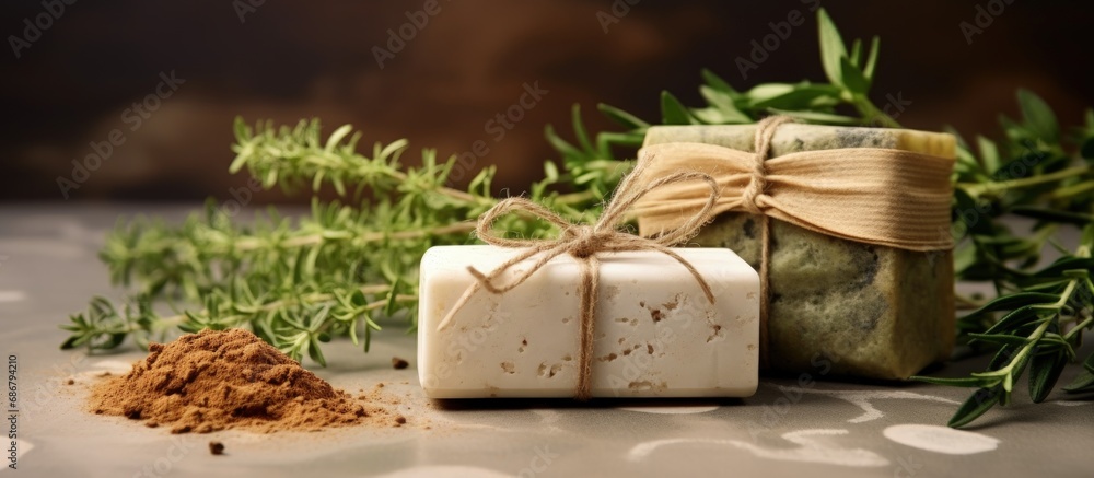 Handmade herbal soap with unique packaging and background in close up Copy space image Place for adding text or design