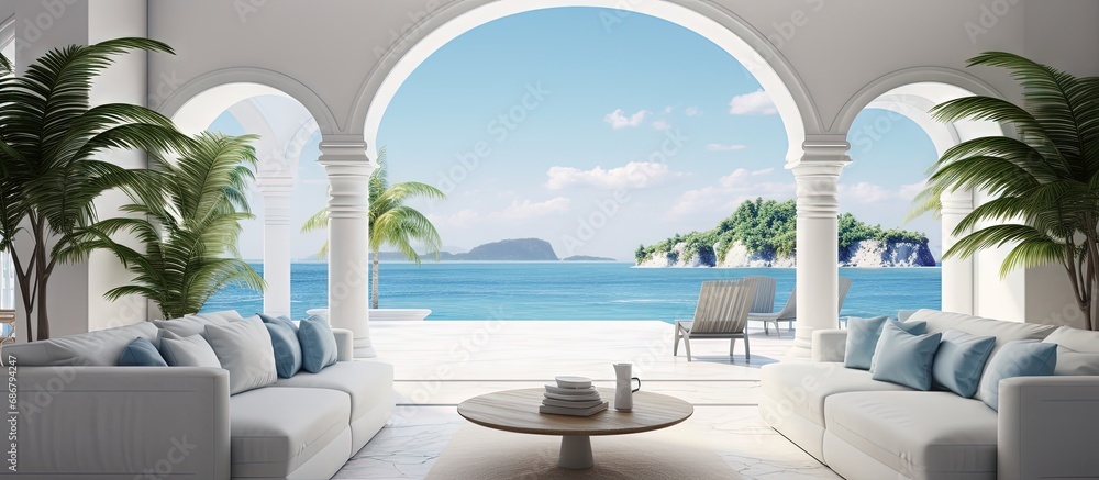 Luxurious living room in a villa with a view of the sea Copy space image Place for adding text or design Luxurious living room in a villa with a view of the sea Copy space image Place for adding text or design