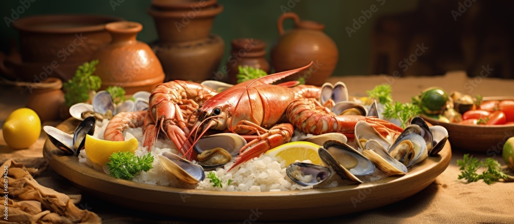 Peruvian seafood dish known as Ronda marina with diverse selection Copy space image Place for adding text or design Peruvian seafood dish known as Ronda marina with diverse selection Copy space image Place for adding text or design
