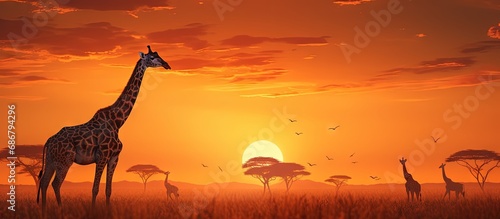 Safari travel concept Moody African savanna sunset giraffe herd Copy space image Place for adding text or design