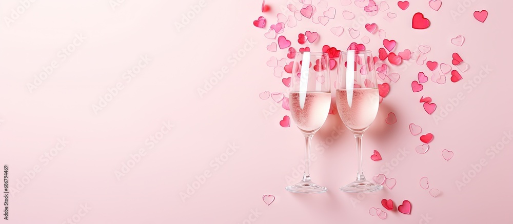 Overhead view of Valentine s Day concept with champagne glasses confetti and pink background Copy space image Place for adding text or design