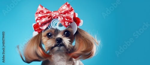 Red curler wearing Shih Tzu grooming on blue Copy space image Place for adding text or design