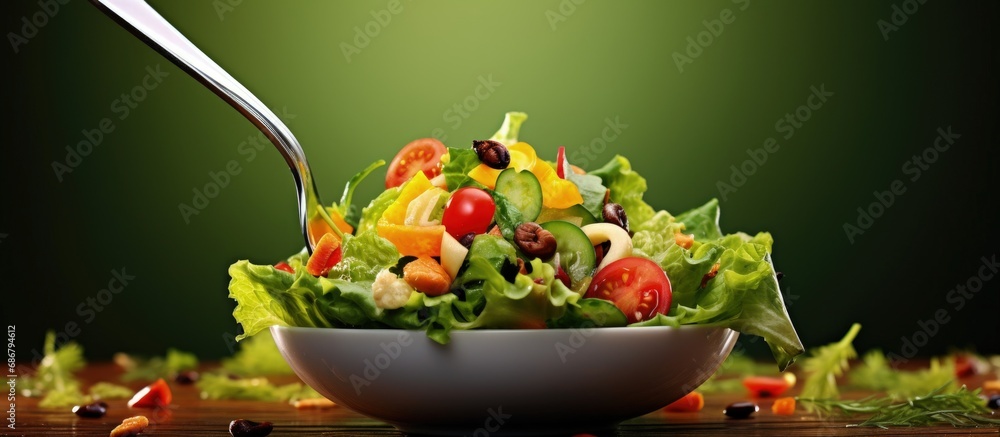 Isolated white fork with salad mix Copy space image Place for adding text or design Isolated white fork with salad mix Copy space image Place for adding text or design