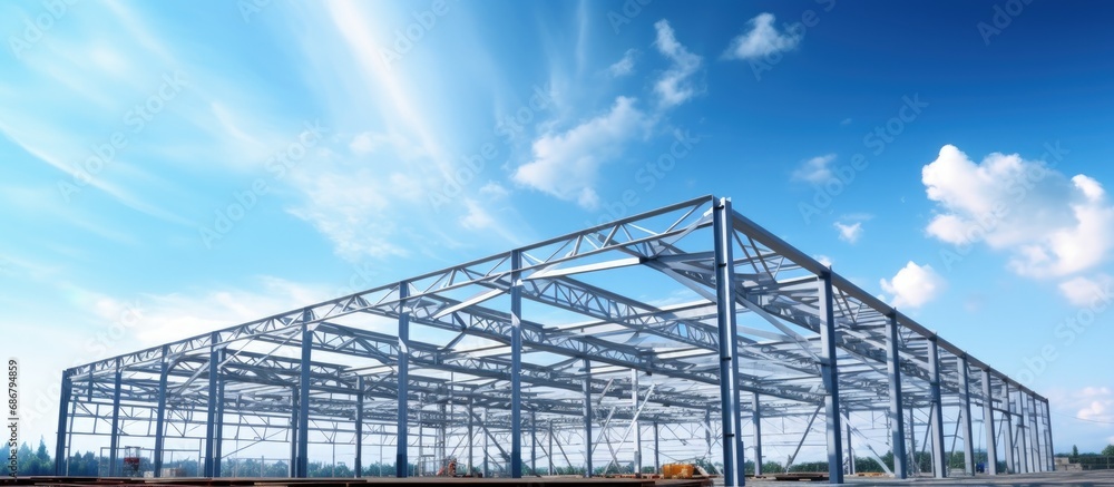 Installing a steel roof truss frame using a mobile crane indoors beneath a blue sky in a factory during construction Copy space image Place for adding text or design - obrazy, fototapety, plakaty 