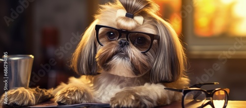 Groomer at salon grooming shih tzu dog Copy space image Place for adding text or design photo