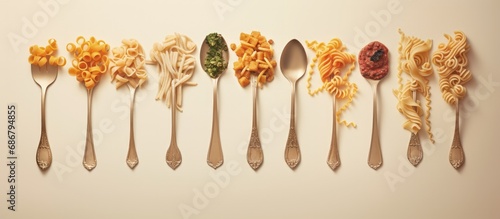 Italian food template with different types of pasta displayed horizontally in a textured vintage illustration Copy space image Place for adding text or design