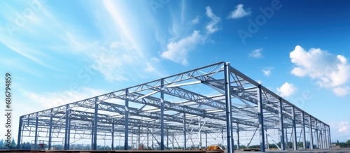 Installing a steel roof truss frame using a mobile crane indoors beneath a blue sky in a factory during construction Copy space image Place for adding text or design photo