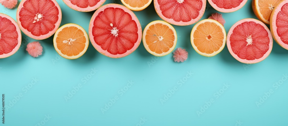Grapefruit flat lay with pink flesh on turquoise background in pop art style Copy space image Place for adding text or design Grapefruit flat lay with pink flesh on turquoise background in pop art style Copy space image Place for adding text or design