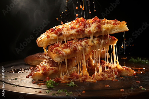 Appetizing Pizza and pizza pieces levitation  stretchy processed cheese. Generative AI.