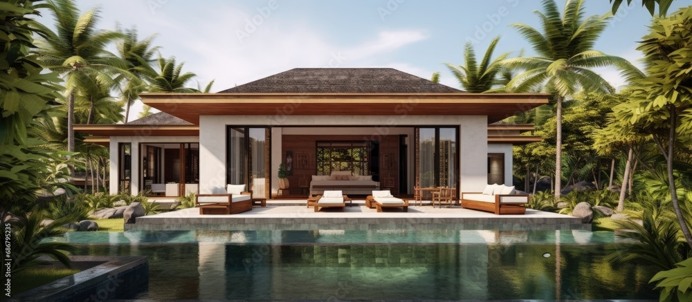 Luxury villa with private garden in tropical resort showcasing exterior views Copy space image Place for adding text or design Luxury villa with private garden in tropical resort showcasing exterior views Copy space image Place for adding text or design