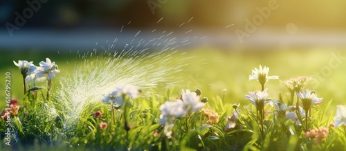 Fototapeta Naklejka Na Ścianę i Meble -  Irrigation service makes flowers and grass grow in the garden with a sprinkler under the sun Copy space image Place for adding text or design