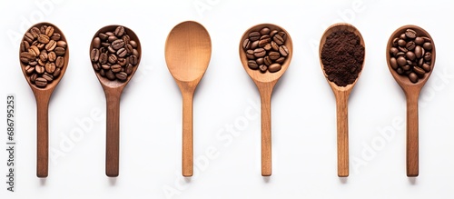 Roasted coffee beans and various types of ground coffee on a white background Clipping path included Copy space image Place for adding text or design