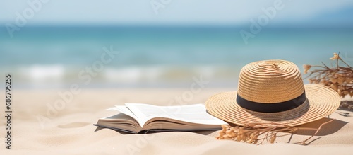 Sandy beach with book hat and towel near sea Copy space image Place for adding text or design photo