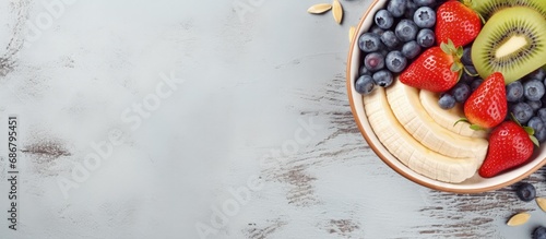 Nutritious bowl of oats with fruits and chia Copy space image Place for adding text or design