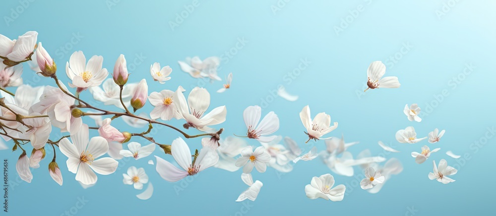Lovely flowers floating on blue conveying spring love and celebration Copy space image Place for adding text or design Lovely flowers floating on blue conveying spring love and celebration Copy space image Place for adding text or design
