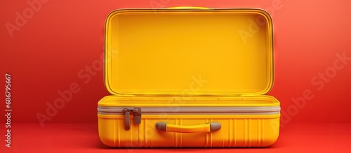 Rendering 3D red suitcase opening empty mock up on yellow background Copy space image Place for adding text or design