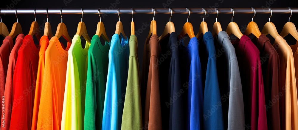 Rainbow colors Assorted casual shirts on wooden hangers isolated on white Copy space image Place for adding text or design
