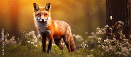 Red Vulpes vulpes on a spring evening Copy space image Place for adding text or design © HN Works