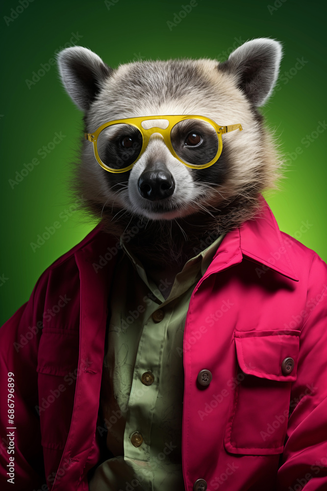 A portrait of a raccoon wearing a red jacket