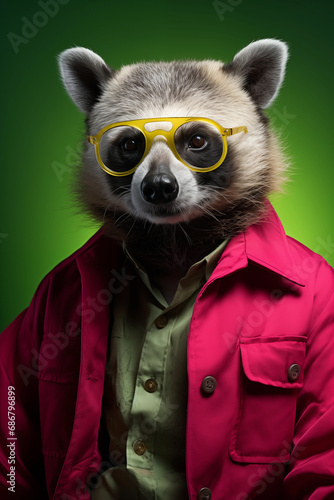 A portrait of a raccoon wearing a red jacket