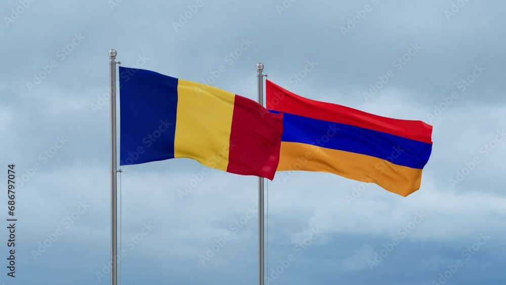 Armenia and Chad flag waving together on cloudy sky, endless seamless loop, two country cooperation concept Armenia and Chad flag waving together on cloudy sky, endless seamless loop, two country cooperation concept