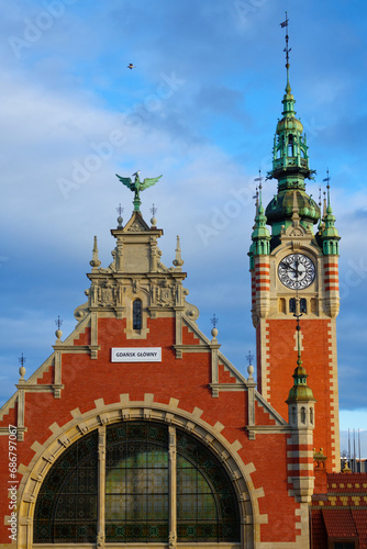 14.01.2023: Fragment of the tower of the main building of the railway station Gdansk. Poland