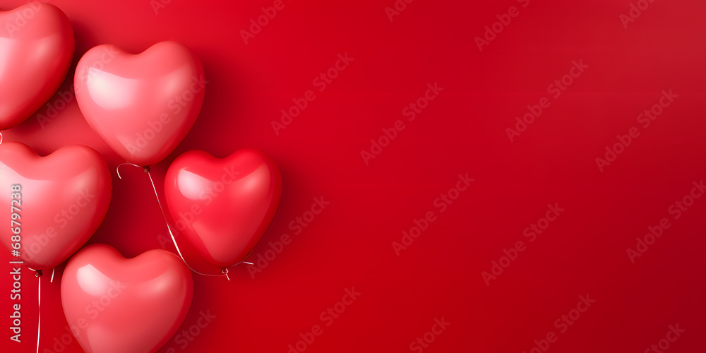 Red Heart shaped balloons composition on a solid color background - Love design