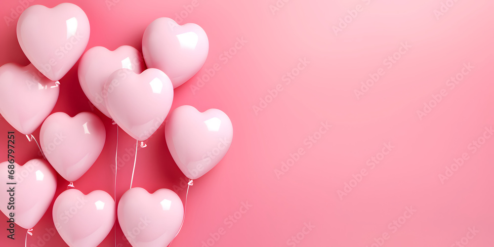 Pink Heart shaped balloons composition on a solid color background - Love design