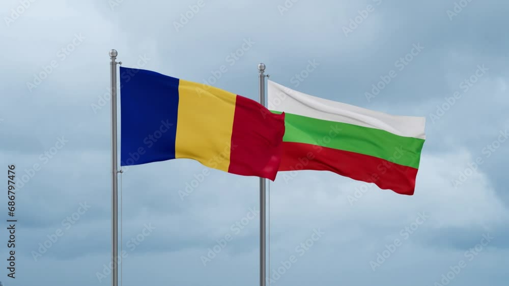 Bulgaria flag and Chad flag waving together on cloudy sky, endless seamless loop, two country relations concept Bulgaria flag and Chad flag waving together on cloudy sky, endless seamless loop, two country relations concept