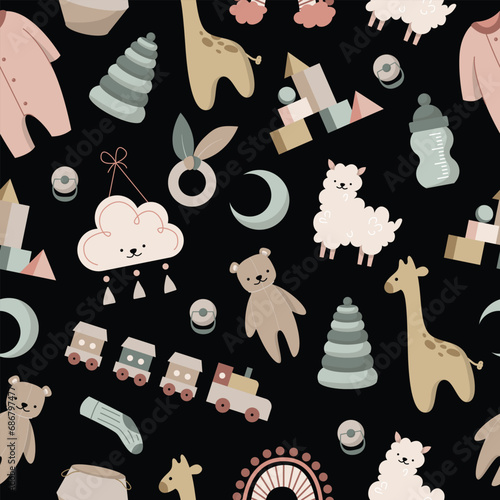 Boho baby clipart seamless pattern for girls and boys. Cartoon collection with animal wooden toys decor for cute bedroom clothes vector isolated. Kids concept learning Montessori equipment