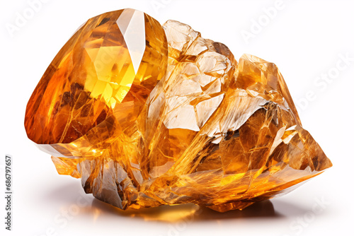 A citrine crystal stands alone against a pristine white backdrop.