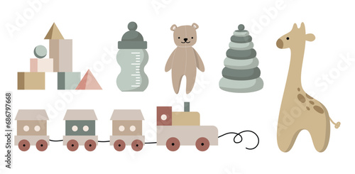 Boho baby clipart set for girls and boys. Cartoon collection with animal wooden toys decor for cute bedroom clothes vector isolated on white. Kids decoration concept learning Montessori equipment