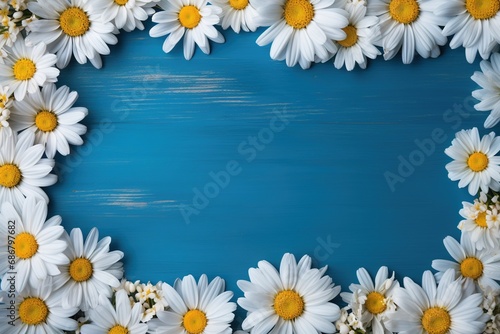 template floral picture frame of daisy on blue wooden background © Маргарита Вайс