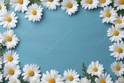 template floral picture frame of daisy on blue background © Маргарита Вайс