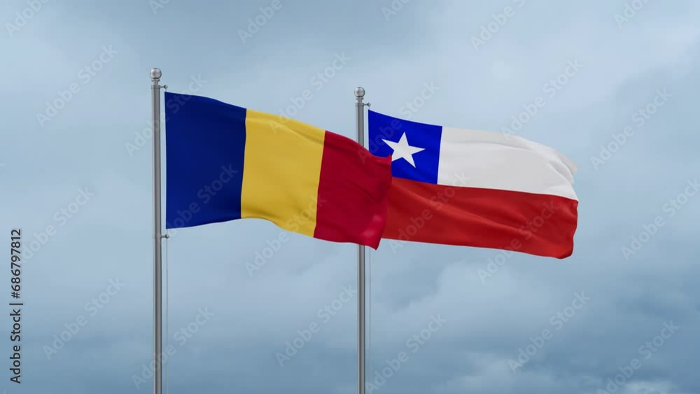 Chile flag and Chad flag waving together on cloudy sky, endless seamless loop, two country relations concept Chile flag and Chad flag waving together on cloudy sky, endless seamless loop, two country relations concept