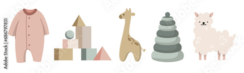 Boho baby clipart set for girls and boys. Cartoon collection with animal wooden toys decor for cute bedroom clothes vector isolated on white. Kids decoration concept learning Montessori equipment