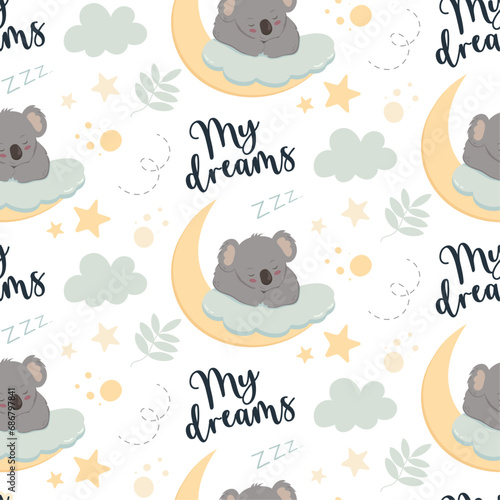 Seamless pattern with sleeping baby koala, vector illustration.