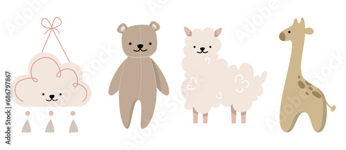 Boho baby animal toys seamless pattern for girls and boys. Cartoon collection with bear, lama, giraffe, cloud toys decor for cute bedroom clothes vector isolated. Kids learning Montessori equipment