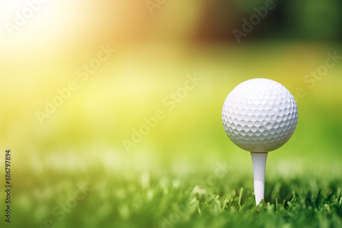 A golf ball is perched on a tee, surrounded by a softly blurred green backdrop.