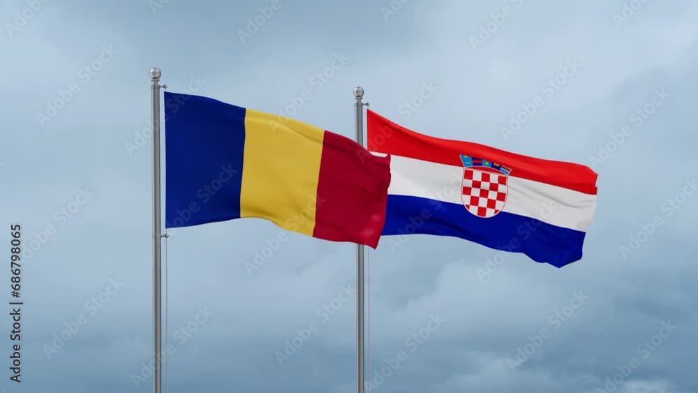Croatia and Chad flag waving together on cloudy sky, endless seamless loop, two country cooperation concept Croatia and Chad flag waving together on cloudy sky, endless seamless loop, two country cooperation concept