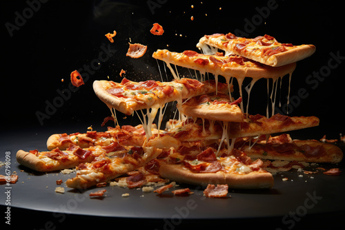 Appetizing Pizza and pizza pieces levitation, stretchy processed cheese. Generative AI.