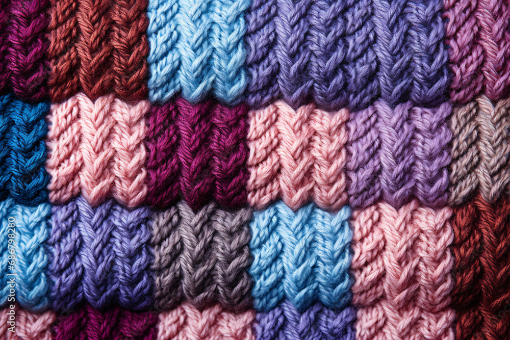Colored plaid of various yarns knitted with wool, an ideal choice for hobbies such as knitting, needlework, and for any kind of homework; seen close-up as a background.