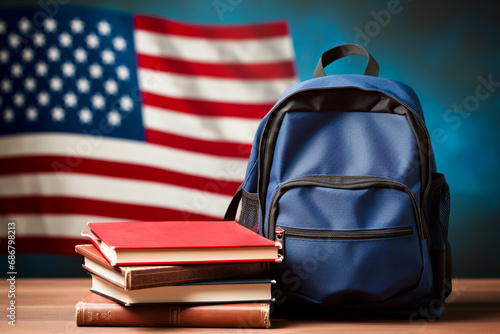 Student's backpack, books and the flag of United States Of America on the background. The concept of advertising, banner: Language courses or studying at a university in the USA or immigration.